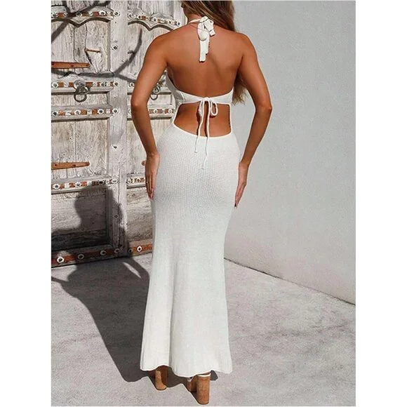 Women's Knit Maxi Dress Hollow Out Backless Halter Beach Dress Small - Picture 3 of 5